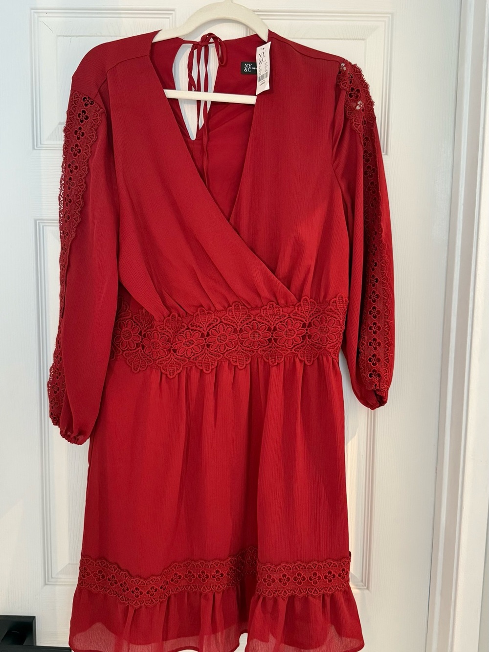 New York & Company Crimson Red Lace-Trim Faux Wrap Long Sleeve Dress